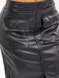 WOMEN'S ELASTIC WAIST CARGO POCKETS FRONT SLIT PU PLEATHER MAXI SKIRT