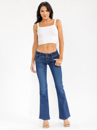 WOMEN'S BUTTON CLOSURE POCKETS BELL LEG STRETCH DENIM PANTS