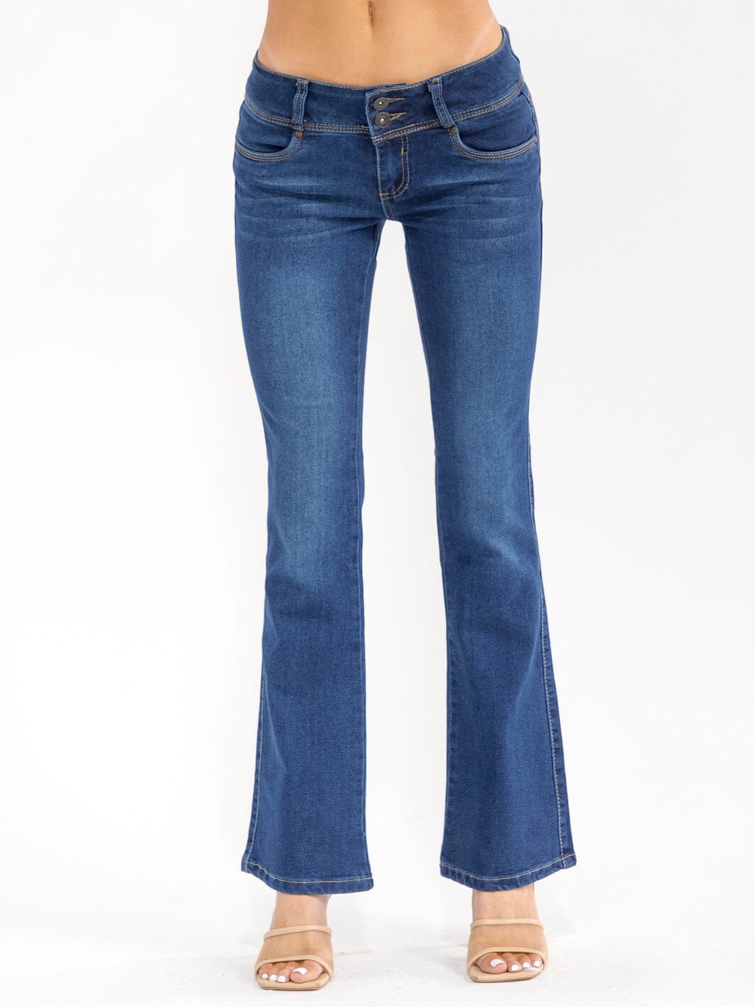 WOMEN'S BUTTON CLOSURE POCKETS BELL LEG STRETCH DENIM PANTS