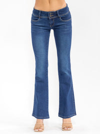 WOMEN'S BUTTON CLOSURE POCKETS BELL LEG STRETCH DENIM PANTS