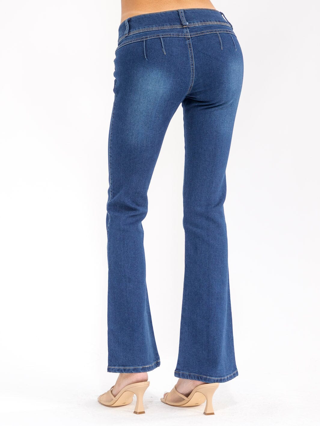 WOMEN'S BUTTON CLOSURE POCKETS BELL LEG STRETCH DENIM PANTS