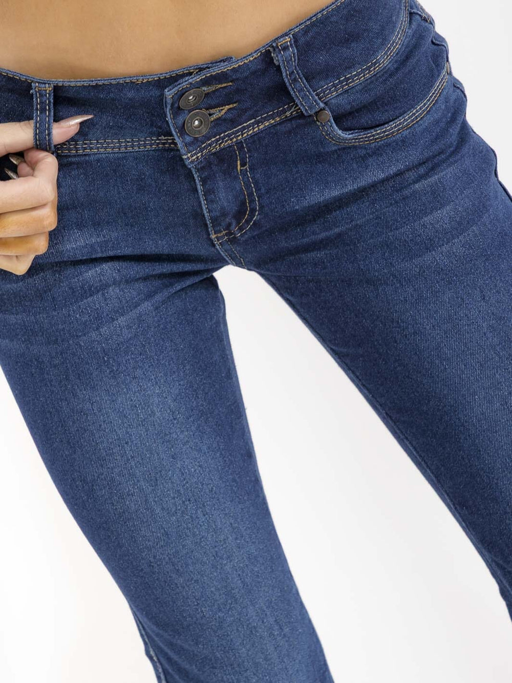 WOMEN'S BUTTON CLOSURE POCKETS BELL LEG STRETCH DENIM PANTS