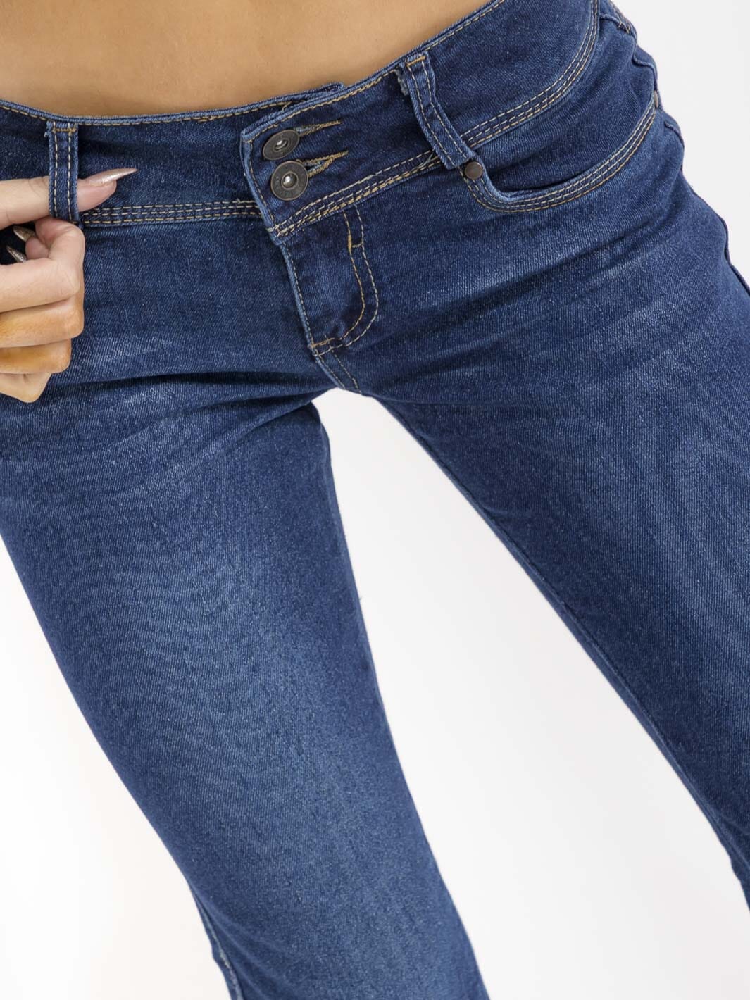 WOMEN'S BUTTON CLOSURE POCKETS BELL LEG STRETCH DENIM PANTS