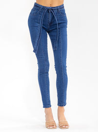 WOMEN'S BUTTON CLOSURE SELF TIE SKINNY LEG STRETCH DENIM PANTS