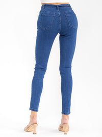 WOMEN'S BUTTON CLOSURE SELF TIE SKINNY LEG STRETCH DENIM PANTS