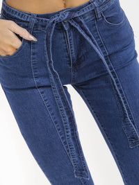 WOMEN'S BUTTON CLOSURE SELF TIE SKINNY LEG STRETCH DENIM PANTS