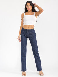 WOMEN'S BUTTON CLOSURE POCKETS STRAIGHT LEG STRETCH DENIM PANTS