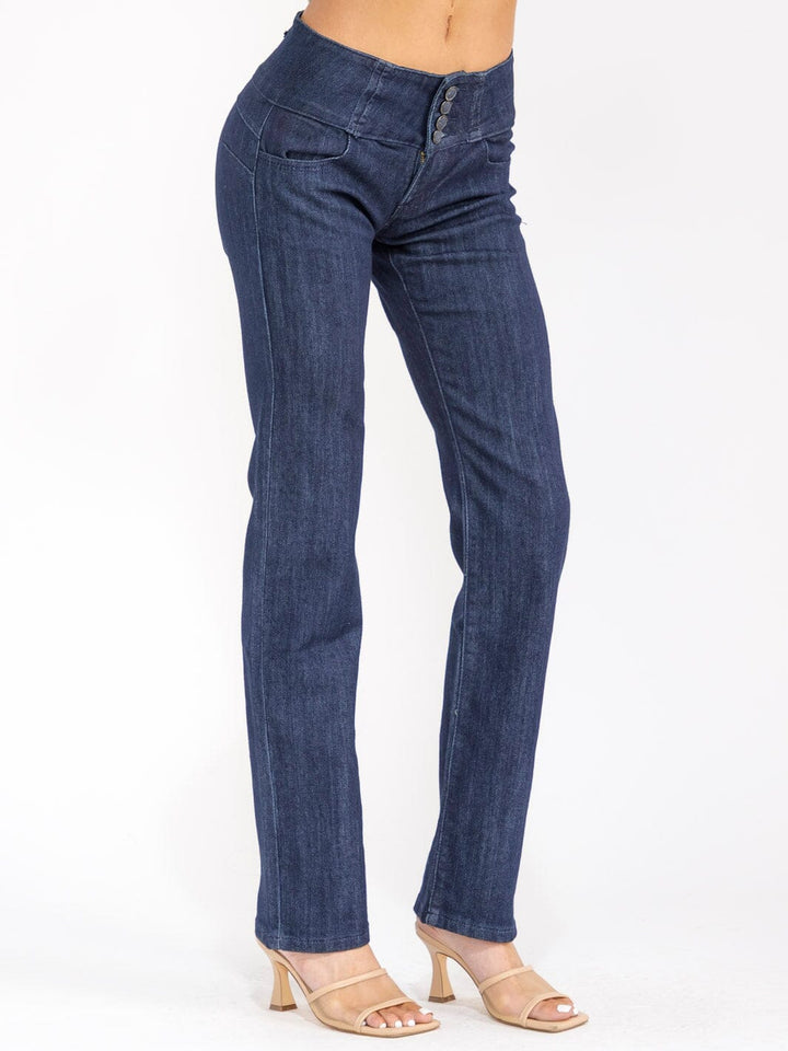 WOMEN'S BUTTON CLOSURE POCKETS STRAIGHT LEG STRETCH DENIM PANTS