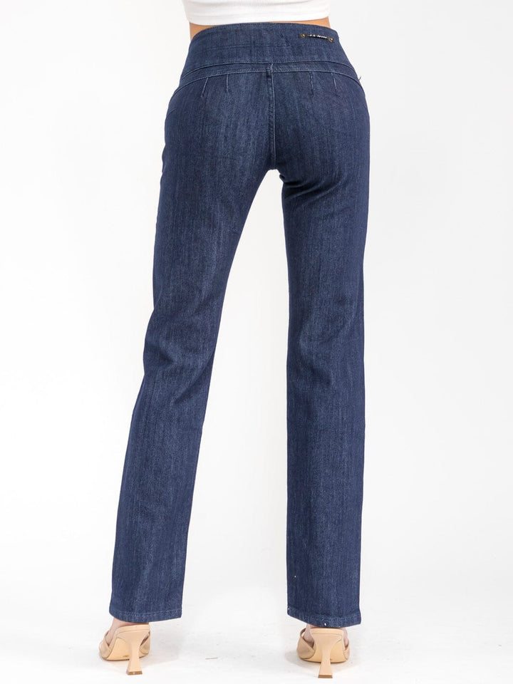 WOMEN'S BUTTON CLOSURE POCKETS STRAIGHT LEG STRETCH DENIM PANTS