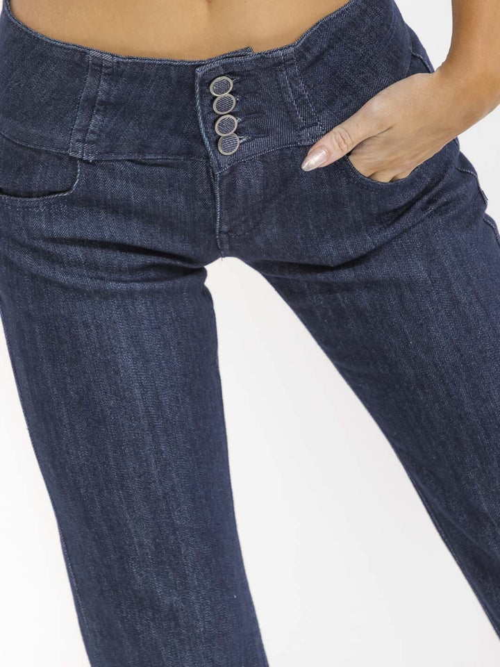 WOMEN'S BUTTON CLOSURE POCKETS STRAIGHT LEG STRETCH DENIM PANTS