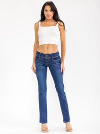 WOMEN'S BUTTON CLOSURE POCKETS STRAIGHT LEG STRETCH DENIM PANTS