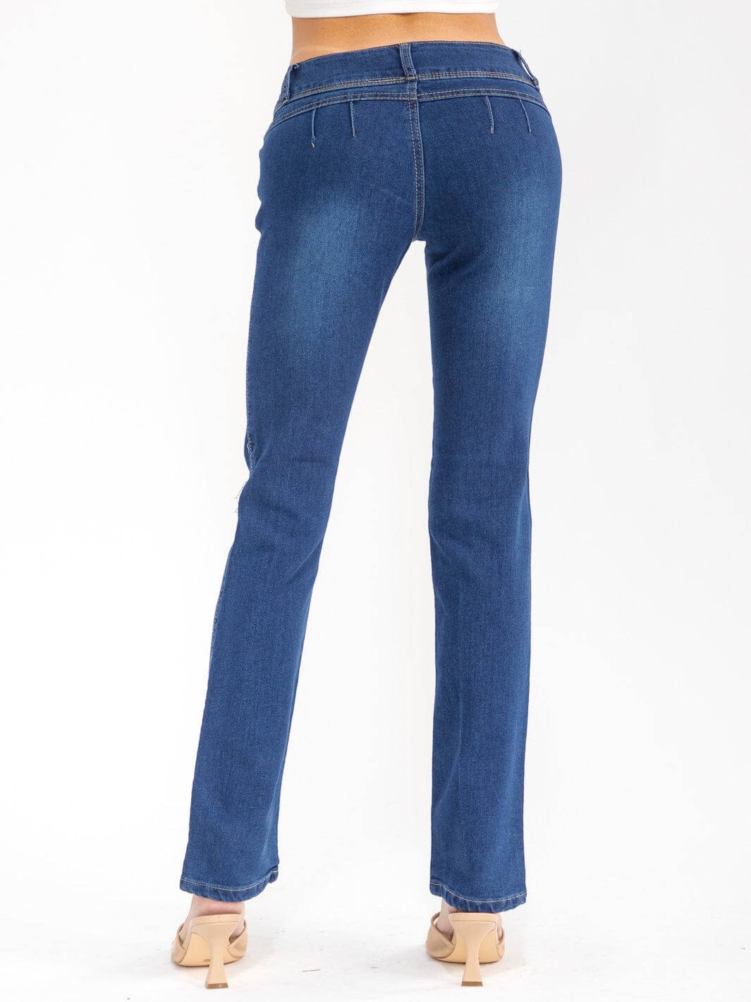 WOMEN'S BUTTON CLOSURE POCKETS STRAIGHT LEG STRETCH DENIM PANTS