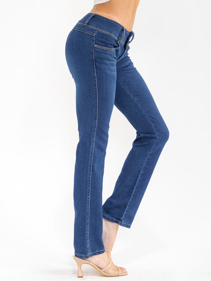 WOMEN'S BUTTON CLOSURE POCKETS STRAIGHT LEG STRETCH DENIM PANTS