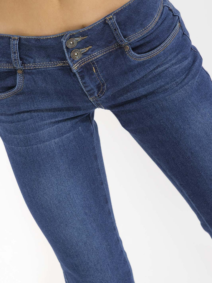 WOMEN'S BUTTON CLOSURE POCKETS STRAIGHT LEG STRETCH DENIM PANTS