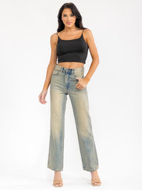 WOMEN'S BUTTON CLOSURE STRAIGHT LEG VINTAGE WASHED DENIM PANTS