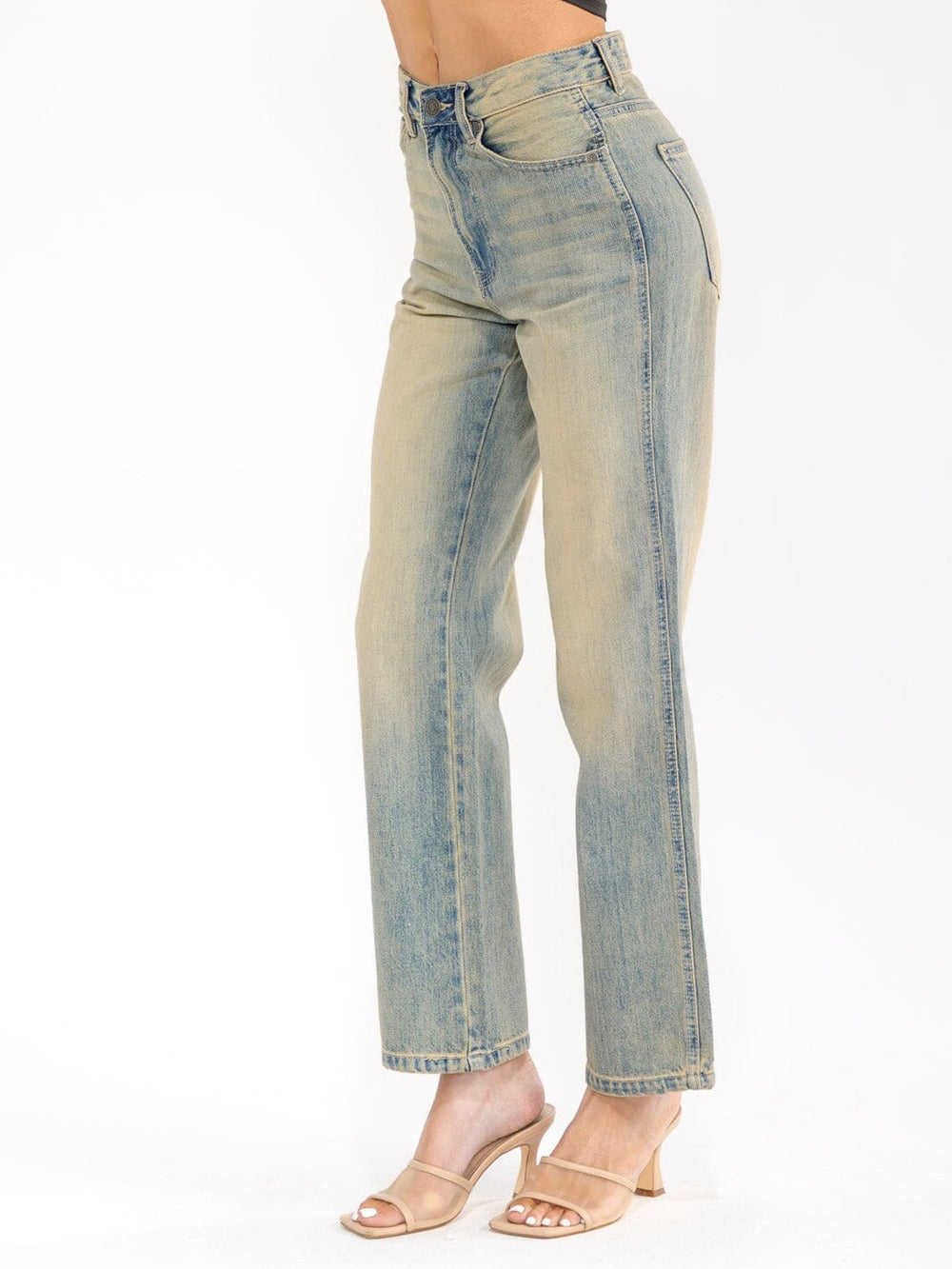 WOMEN'S BUTTON CLOSURE STRAIGHT LEG VINTAGE WASHED DENIM PANTS