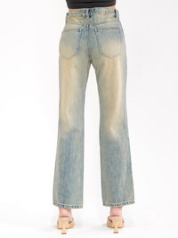 WOMEN'S BUTTON CLOSURE STRAIGHT LEG VINTAGE WASHED DENIM PANTS