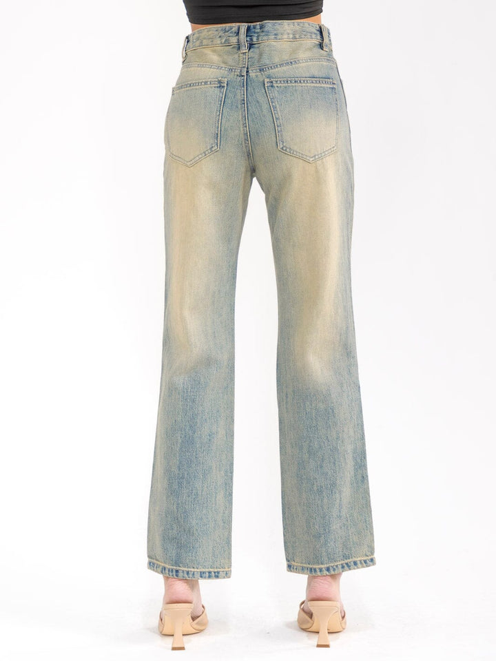 WOMEN'S BUTTON CLOSURE STRAIGHT LEG VINTAGE WASHED DENIM PANTS