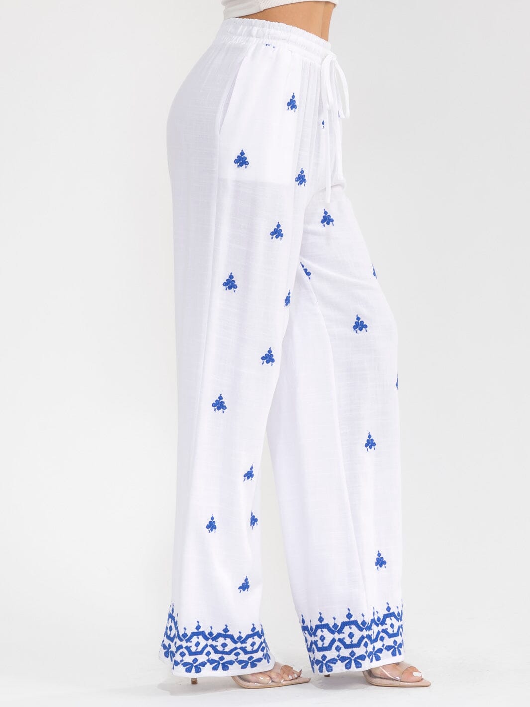 WOMEN'S ELASTIC WAIST FRONT POCKETS EMBROIDERY WIDE LEG PALAZZO LINEN PANTS