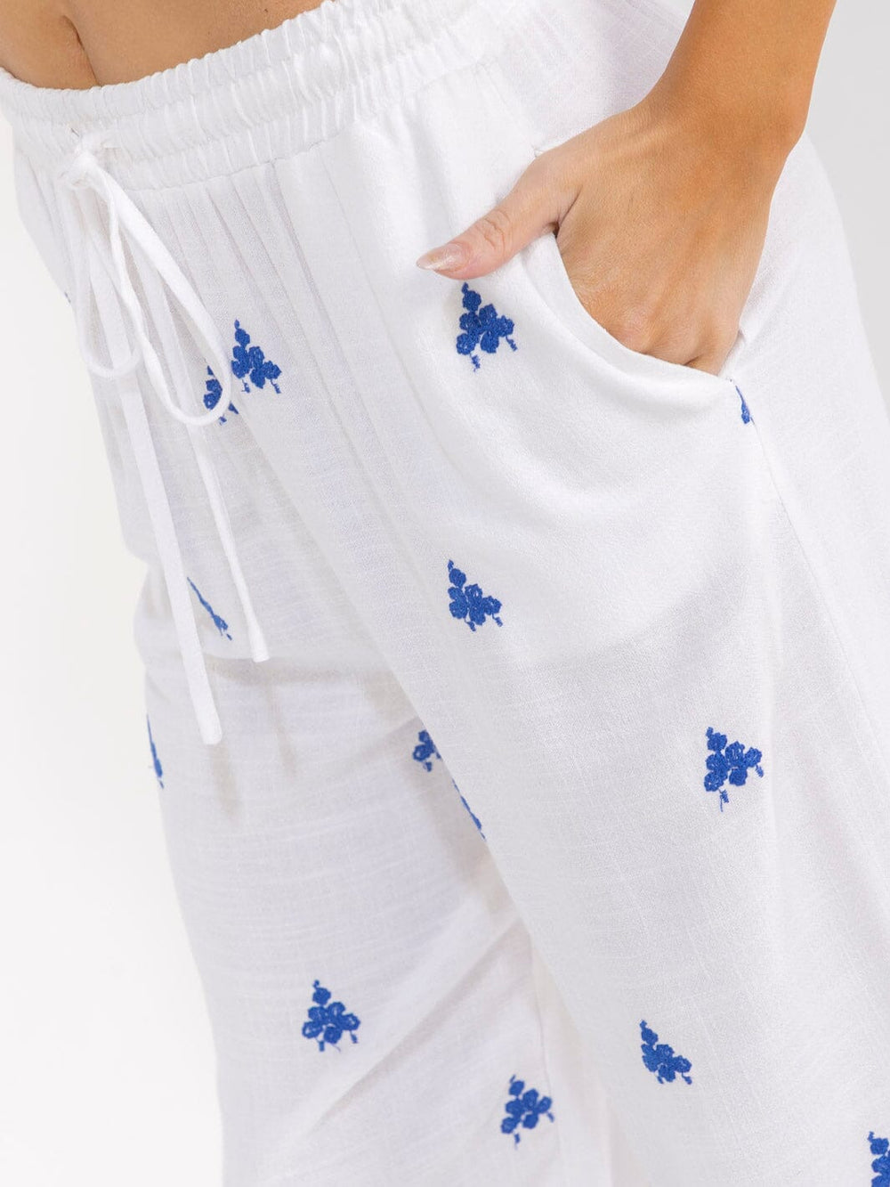 WOMEN'S ELASTIC WAIST FRONT POCKETS EMBROIDERY WIDE LEG PALAZZO LINEN PANTS
