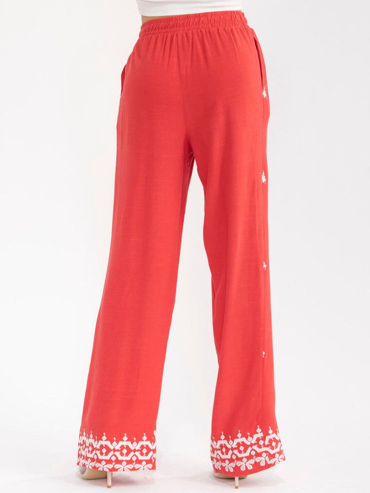 WOMEN'S ELASTIC WAIST FRONT POCKETS EMBROIDERY WIDE LEG PALAZZO LINEN PANTS