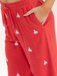 WOMEN'S ELASTIC WAIST FRONT POCKETS EMBROIDERY WIDE LEG PALAZZO LINEN PANTS