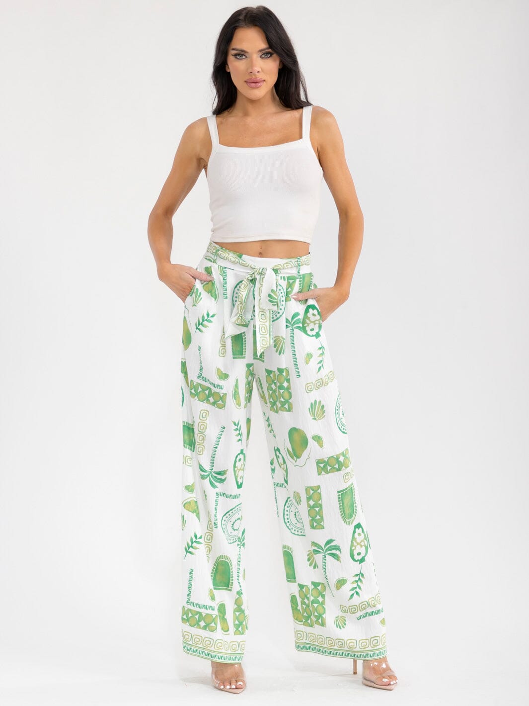 WOMEN'S ELASTIC WAIST SELF TIE POCKETS MULTI PRINT WIDE LEG PANTS