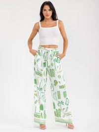 WOMEN'S ELASTIC WAIST SELF TIE POCKETS MULTI PRINT WIDE LEG PANTS