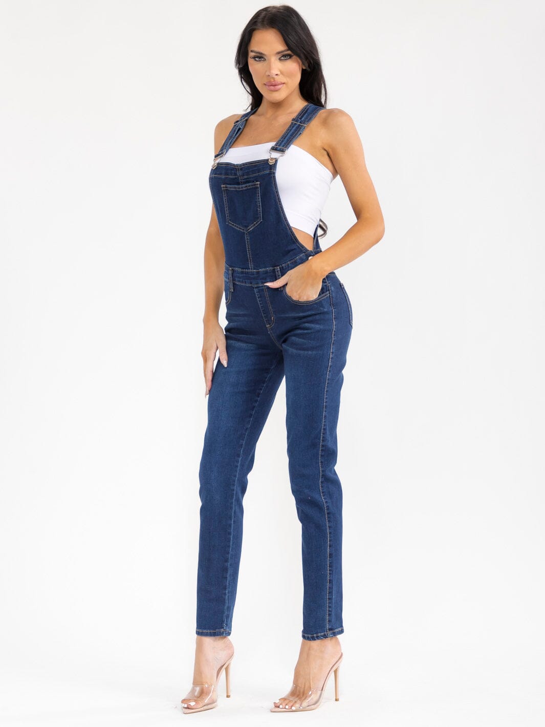 WOMEN'S SLEEVELESS POCKETS STRETCH DENIM PANTS OVERALL