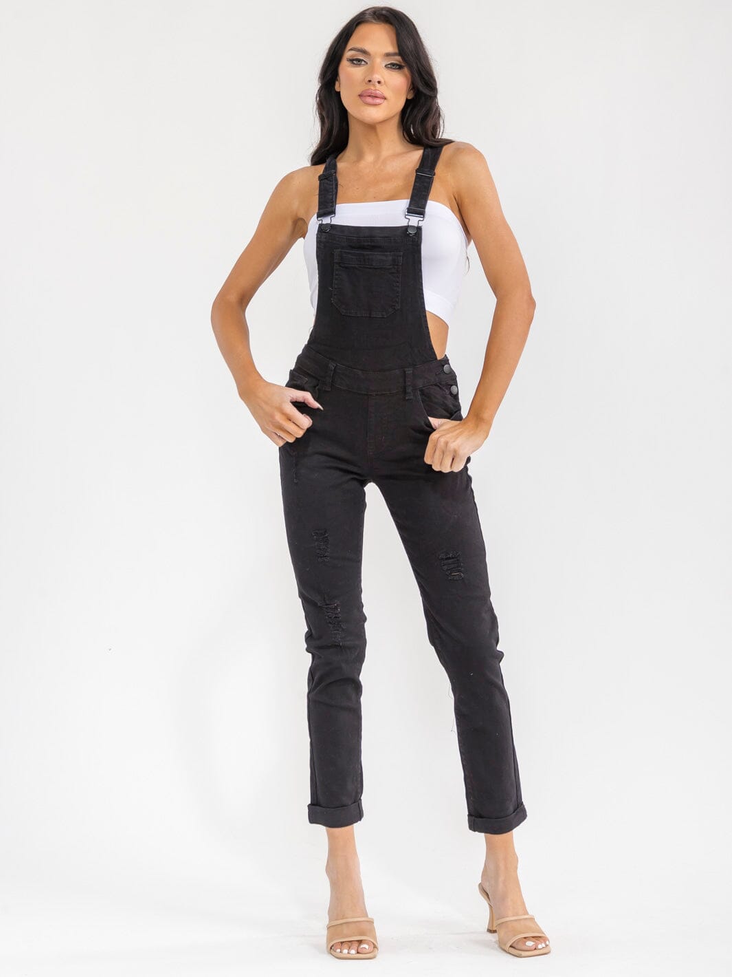 WOMEN'S SLEEVELESS POCKETS DISTRESS STRETCH DENIM PANTS OVERALL