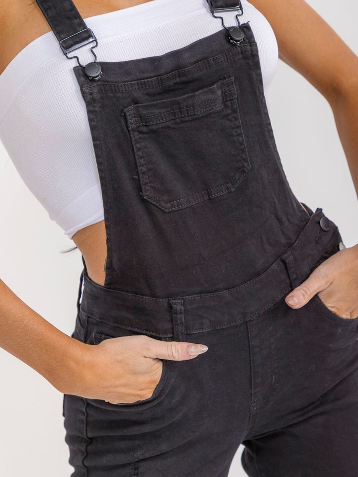 WOMEN'S SLEEVELESS POCKETS DISTRESS STRETCH DENIM PANTS OVERALL