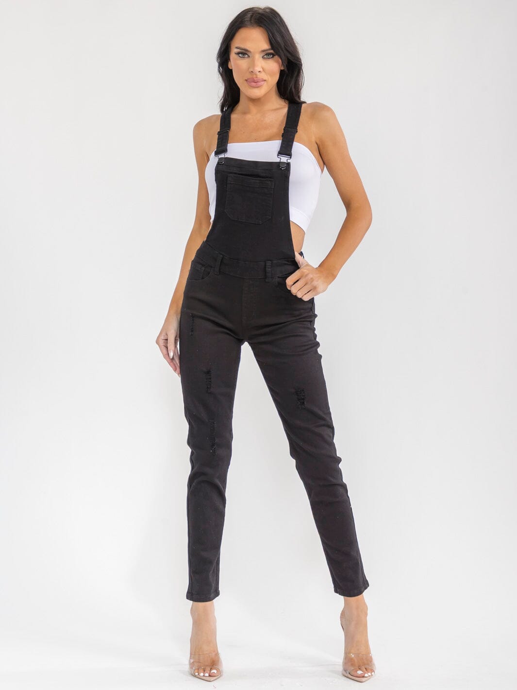 WOMEN'S SLEEVELESS POCKETS DISTRESS STRETCH DENIM PANTS OVERALL