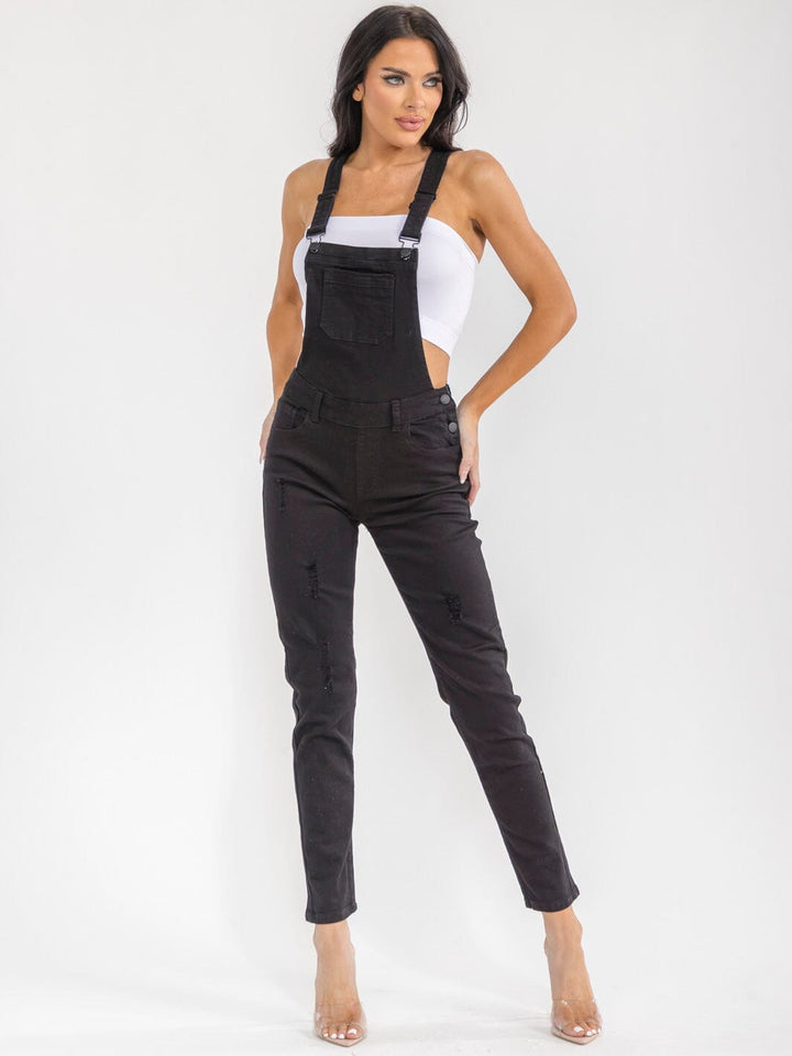 WOMEN'S SLEEVELESS POCKETS DISTRESS STRETCH DENIM PANTS OVERALL