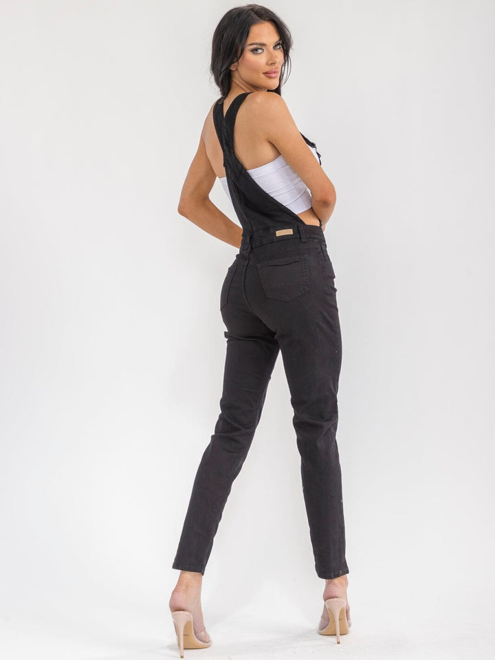 WOMEN'S SLEEVELESS POCKETS DISTRESS STRETCH DENIM PANTS OVERALL