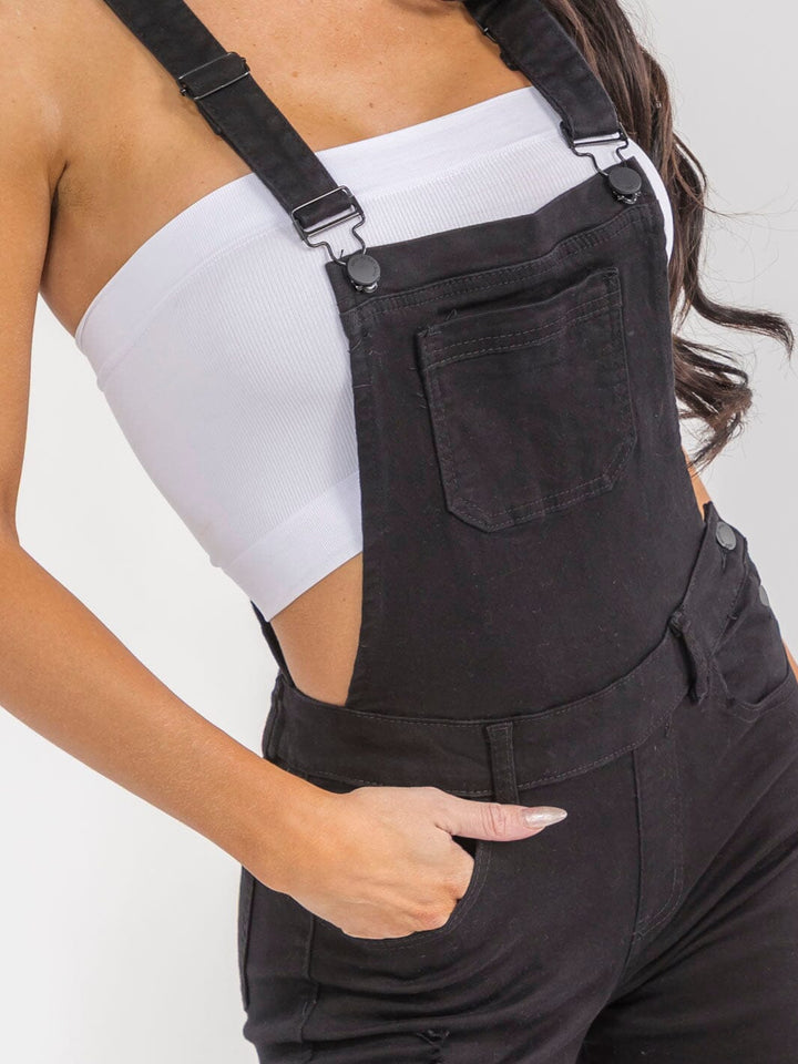 WOMEN'S SLEEVELESS POCKETS DISTRESS STRETCH DENIM PANTS OVERALL