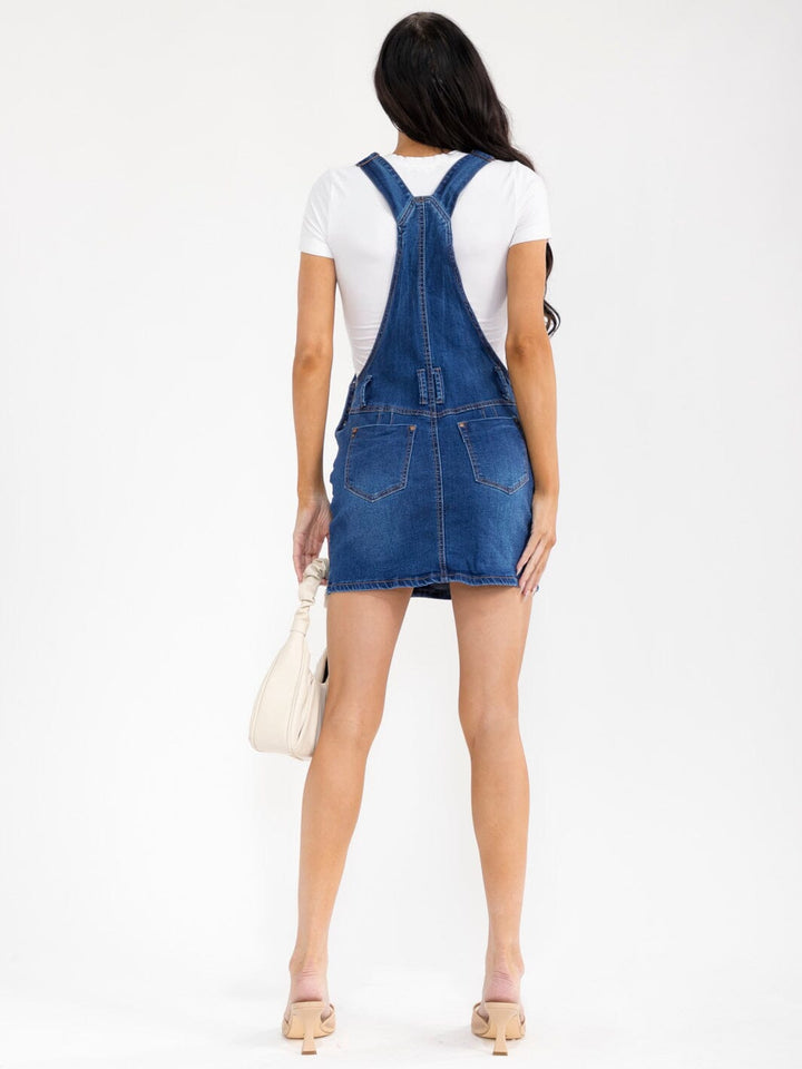 WOMEN'S SLEEVELESS POCKETS DISTRESS STRETCH DENIM SKIRT OVERALL