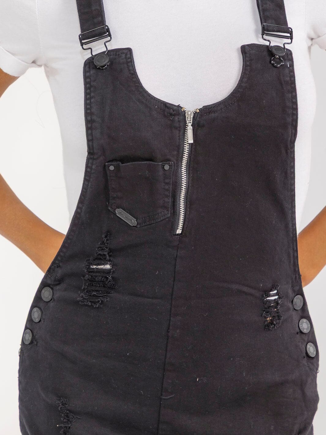 WOMEN'S SLEEVELESS POCKETS DISTRESS STRETCH DENIM SKIRT OVERALL