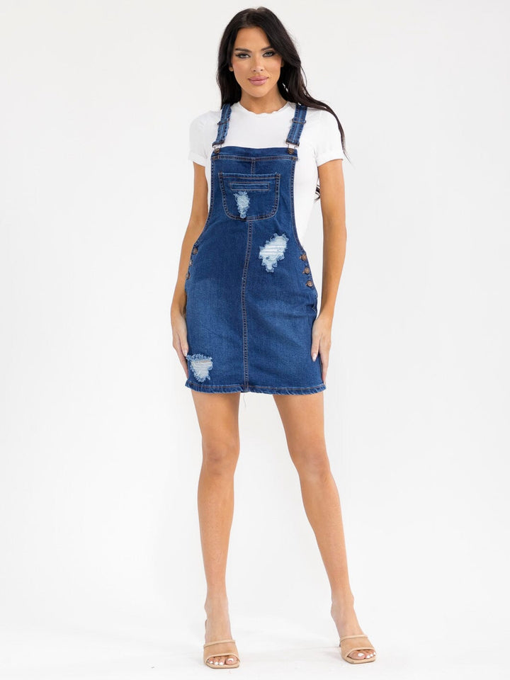 WOMEN'S SLEEVELESS POCKETS DISTRESS STRETCH DENIM SKIRT OVERALL