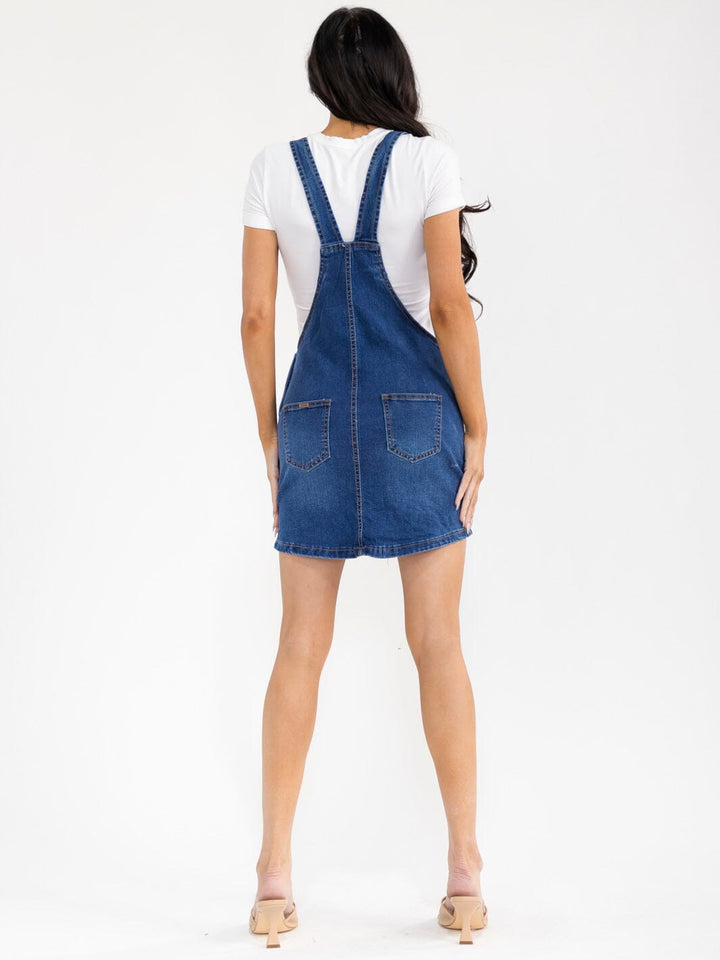 WOMEN'S SLEEVELESS POCKETS DISTRESS STRETCH DENIM SKIRT OVERALL
