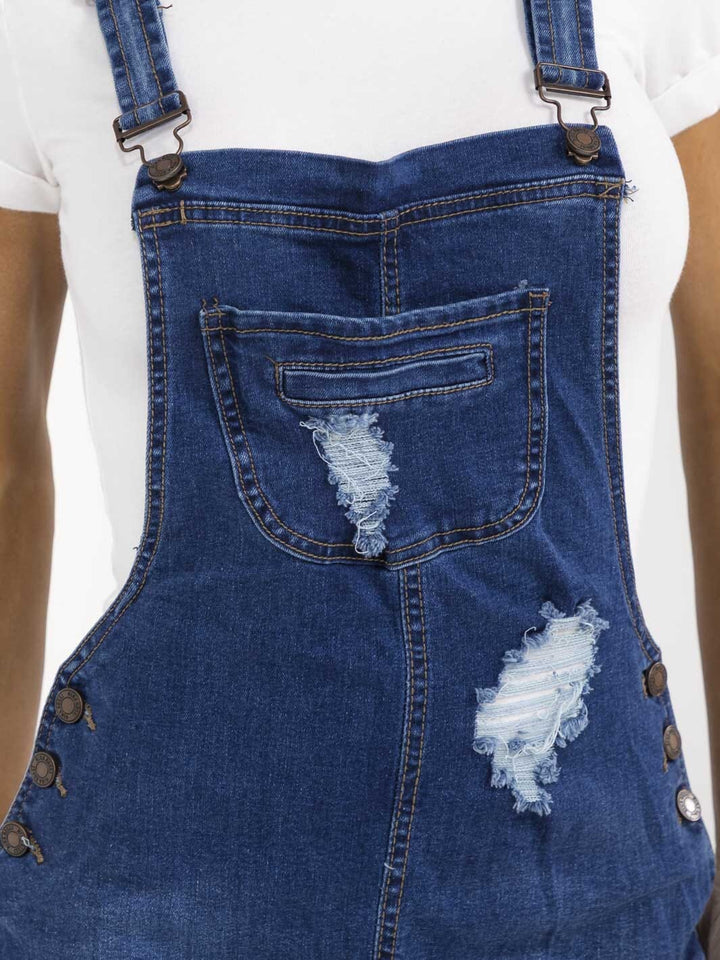 WOMEN'S SLEEVELESS POCKETS DISTRESS STRETCH DENIM SKIRT OVERALL
