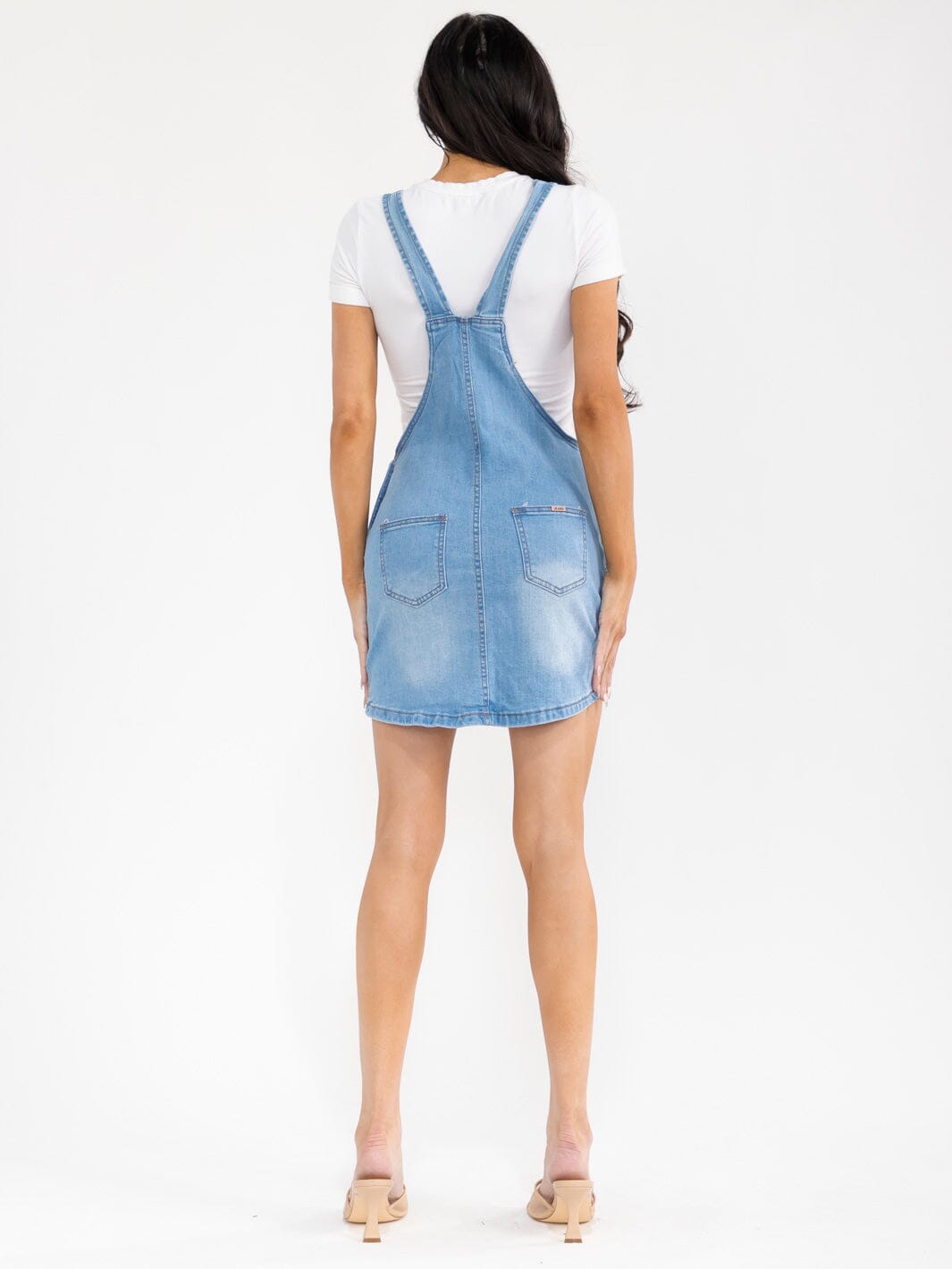 WOMEN'S SLEEVELESS WASHED DISTRESS STRETCH DENIM SKIRT OVERALL