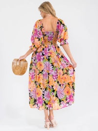 WOMEN'S SHORT PUFF SLEEVE SQUARE NECK POCKETS SMOCK FLORAL PRINT MAXI DRESS
