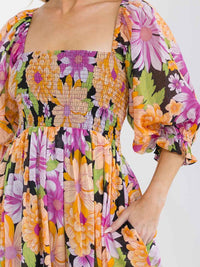 WOMEN'S SHORT PUFF SLEEVE SQUARE NECK POCKETS SMOCK FLORAL PRINT MAXI DRESS