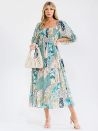 WOMEN'S SHORT PUFF SLEEVE SQUARE NECK FRONT POCKETS SMOCK MULTI PRINT MAXI DRESS
