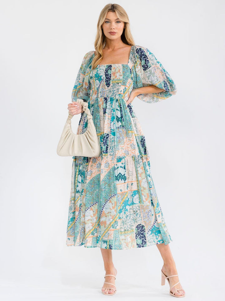 WOMEN'S SHORT PUFF SLEEVE SQUARE NECK FRONT POCKETS SMOCK MULTI PRINT MAXI DRESS