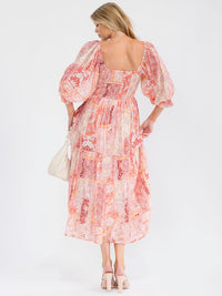 WOMEN'S SHORT PUFF SLEEVE SQUARE NECK FRONT POCKETS SMOCK MULTI PRINT MAXI DRESS