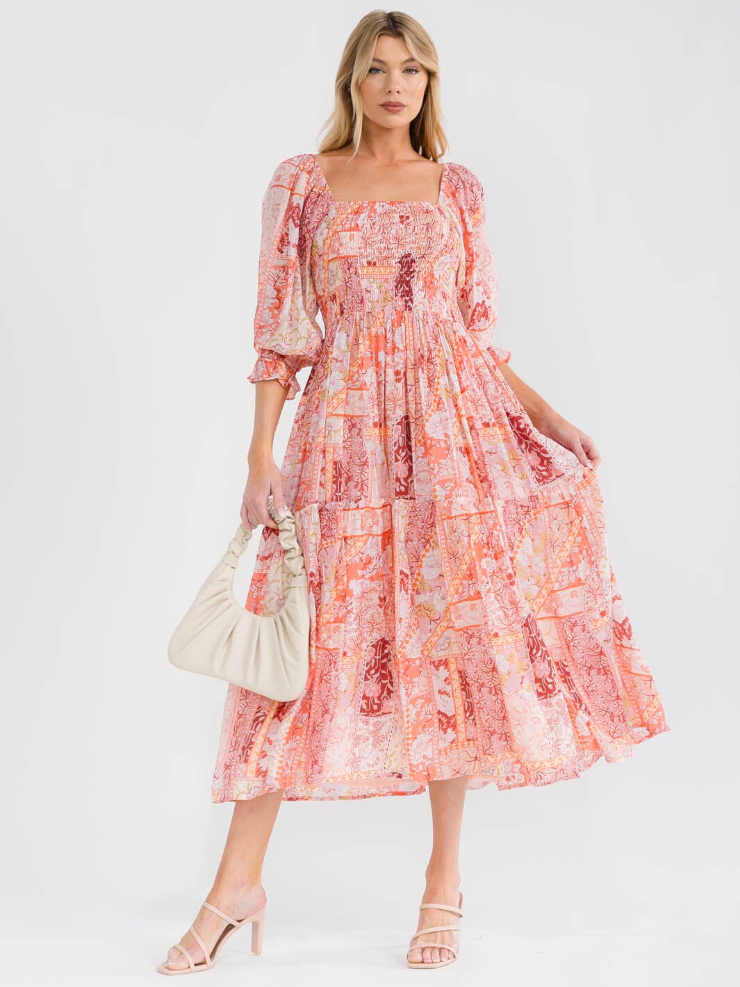 WOMEN'S SHORT PUFF SLEEVE SQUARE NECK FRONT POCKETS SMOCK MULTI PRINT MAXI DRESS
