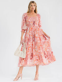 WOMEN'S SHORT PUFF SLEEVE SQUARE NECK FRONT POCKETS SMOCK MULTI PRINT MAXI DRESS