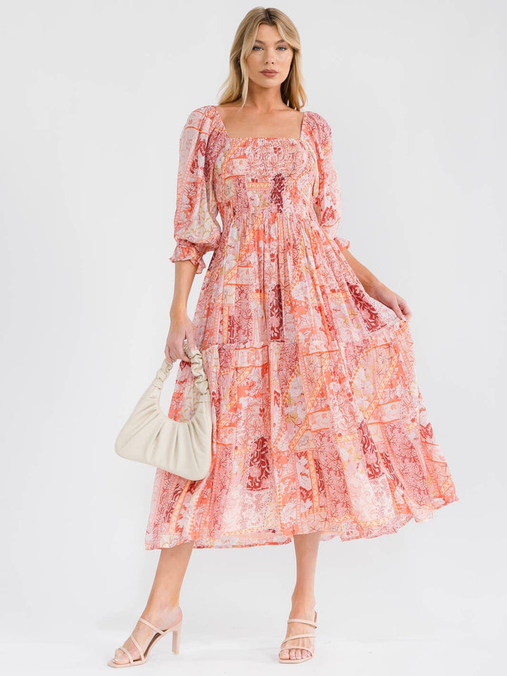 WOMEN'S SHORT PUFF SLEEVE SQUARE NECK FRONT POCKETS SMOCK MULTI PRINT MAXI DRESS