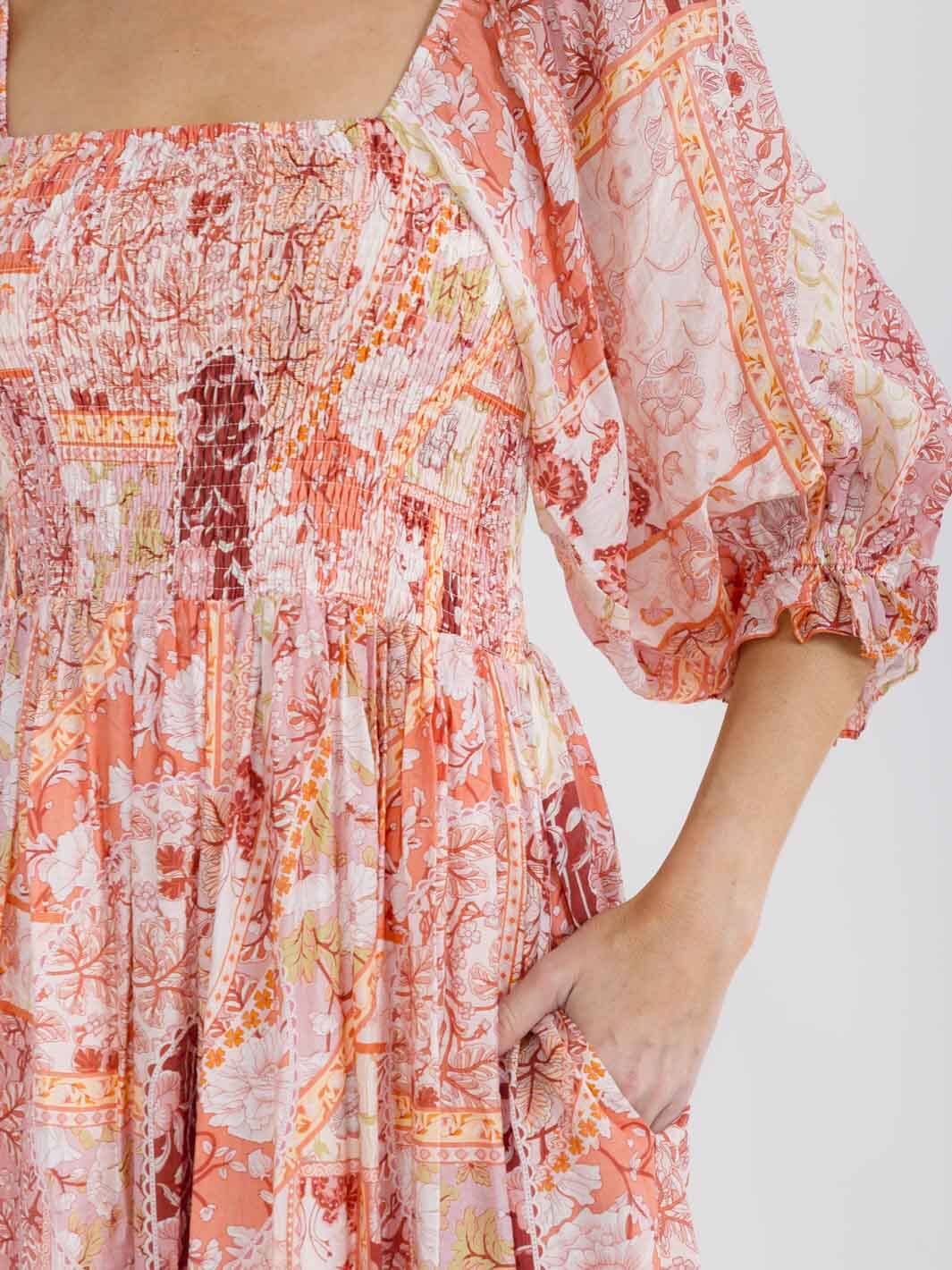 WOMEN'S SHORT PUFF SLEEVE SQUARE NECK FRONT POCKETS SMOCK MULTI PRINT MAXI DRESS